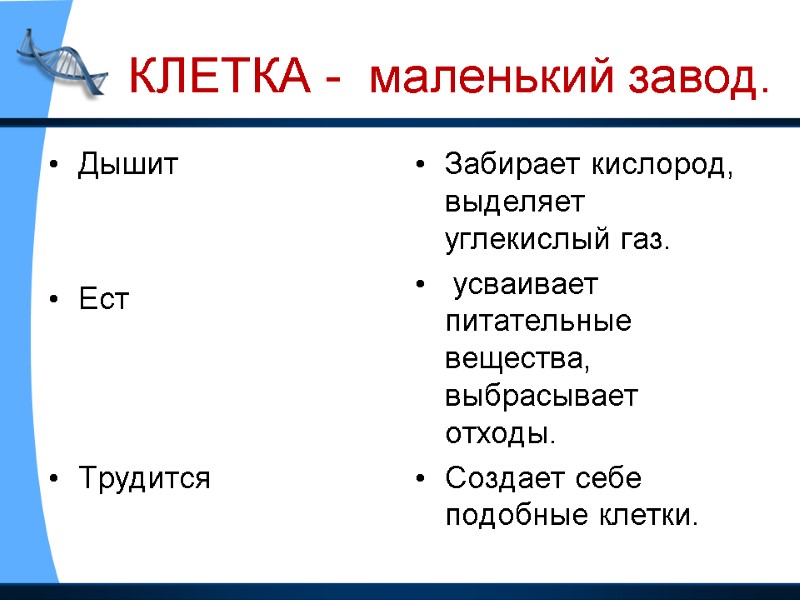 КЛЕТКА -  маленький завод. Дышит   Ест    Трудится Забирает